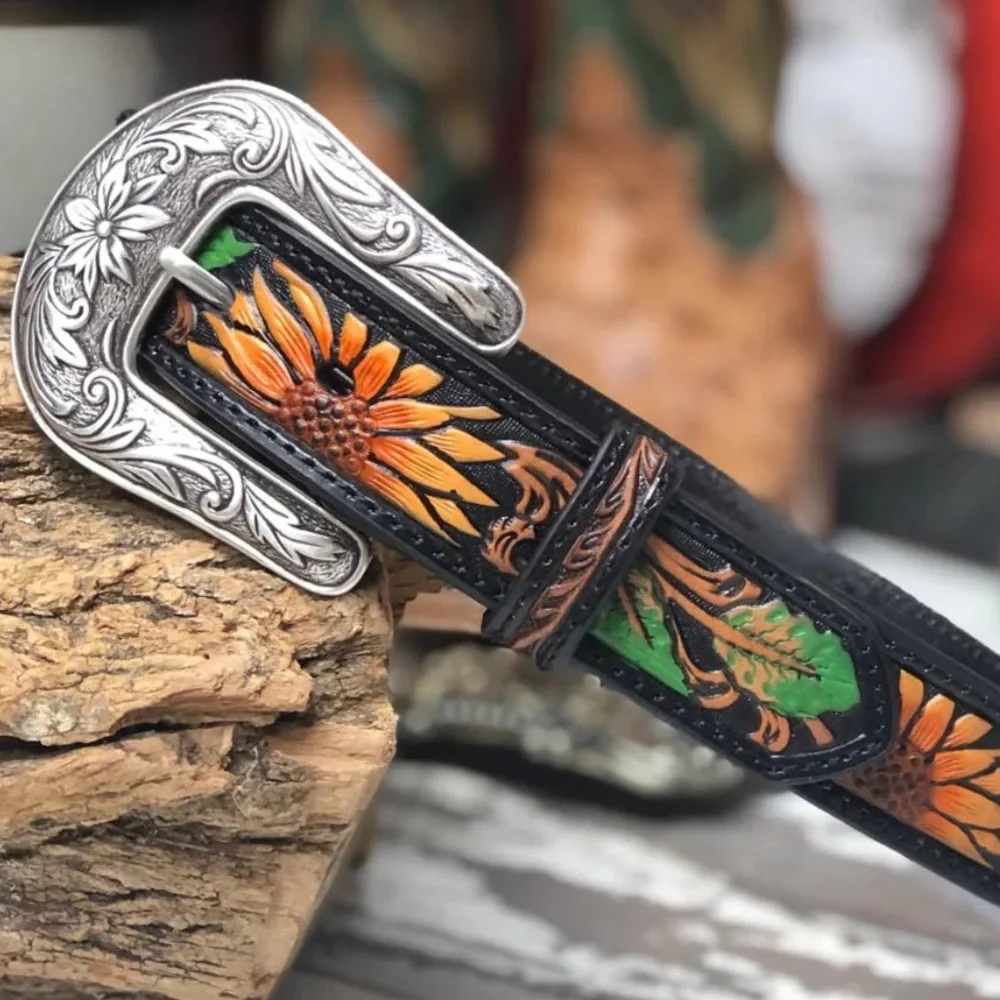 Nocona – Girls Western Sunflower Leather Tooled Belt ( Black ) Size 24